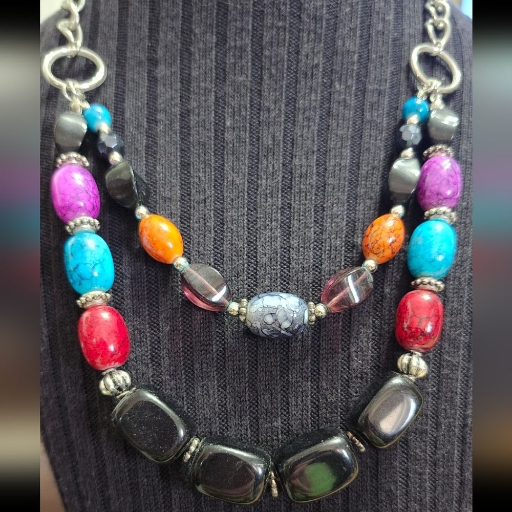 Boho-Chic Necklace with  Turquoise, Rose Quartz, Black Onyx, Silver Accents